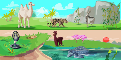 Obraz na płótnie Canvas Colorful Asian Animals Horizontal Banners