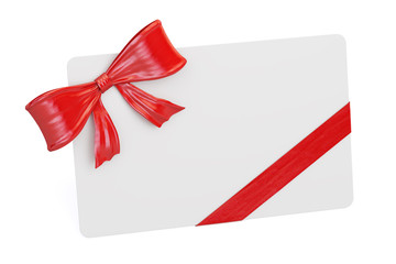 Blank greeting card with red ribbon and bow, 3D rendering