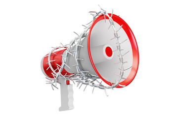 Freedom of speech prohibition concept. Megaphone with barbed wire, 3D rendering