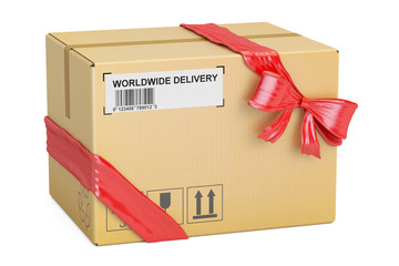 Parcel with red bow and ribbon, gift delivery concept. 3D rendering