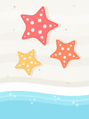 Fototapeta na wymiar Background with Starfish on a Beach with Sea Waves. Flat Design Style. 
