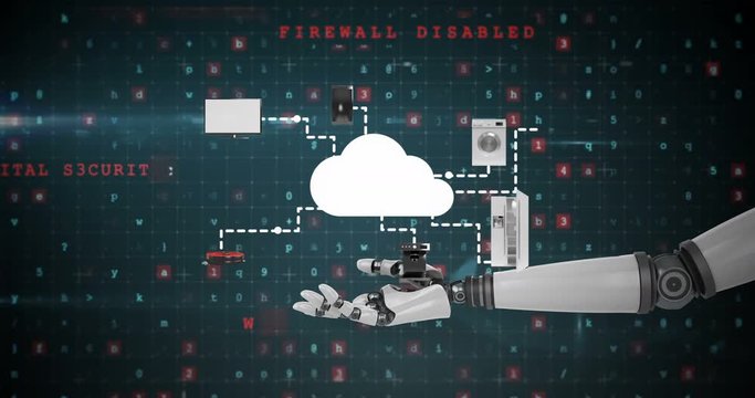 Robotic hand presenting digital cloud symbol surrounded with home appliance icons