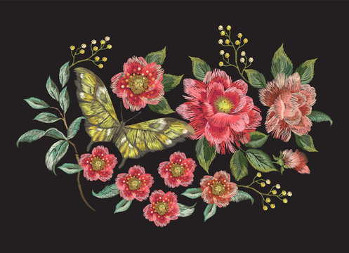 Embroidery colorful trend floral pattern with butterfly. Vector traditional folk roses and other flowers bouquet on black background for design.