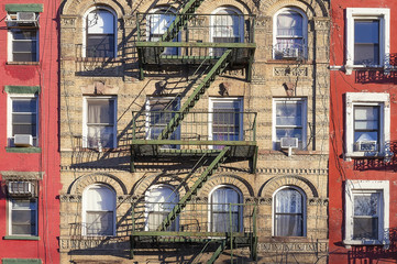 Fototapeta na wymiar Green metal fire escape in Brooklyn