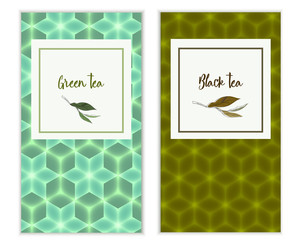 Vector green tea banner with tea leaves on white backgroud. Design for packaging, tea shop, drink menu, homeopathy and health care products.