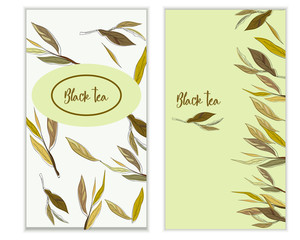 Fototapeta na wymiar Vector black tea banner with tea leaves on white backgroud. Design for packaging, tea shop, drink menu, homeopathy and health care products.