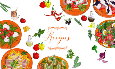 Vector set of recipes book with hand drawn vegetables and dishes. Vector illustration.