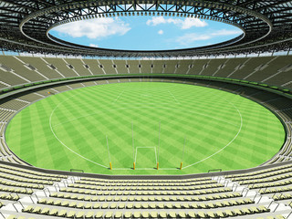 3D render of a round Australian rules football stadium with  green gray seats and VIP boxes