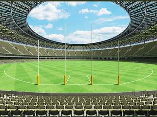 3D render of a round Australian rules football stadium with  green gray seats and VIP boxes