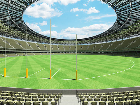 3D render of a round Australian rules football stadium with  green gray seats and VIP boxes