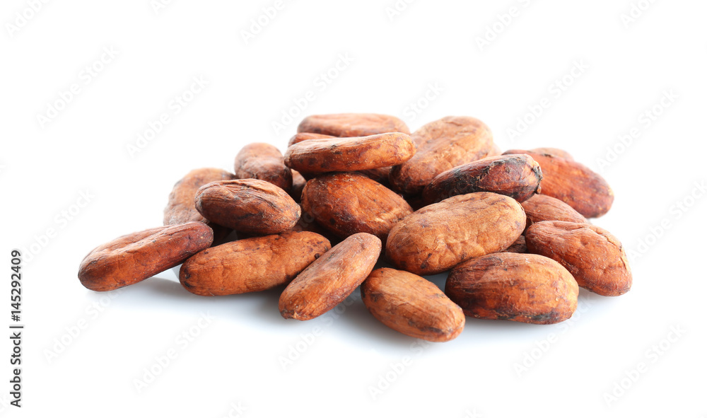 Poster aromatic cocoa beans on white background