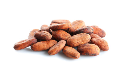 Aromatic cocoa beans on white background
