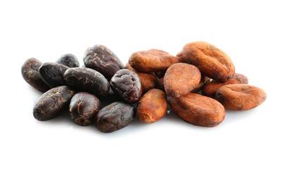 Aromatic cocoa beans on white background