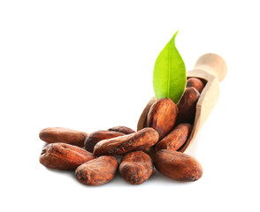 Aromatic cocoa beans on white background