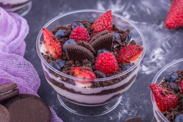 A dessert with berries on a basis cream mascarpone cheese with fresh berries and cookies