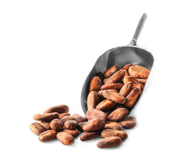 Metal scoop with aromatic cocoa beans on white background