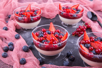 Pannakota with milk jelly and home-made jam with fresh berries