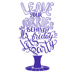 Summer beach party calligraphic lettering. Cocktail glass silhouette Isolated vector illustration.