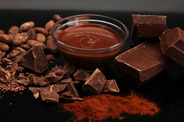 Melting chocolate / melted chocolate/ chocolate swirl/ stack/ chips and powder
