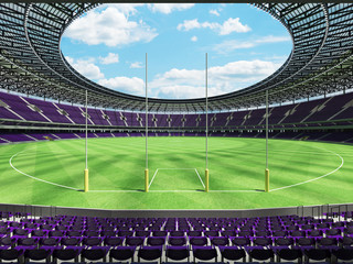 3D render of a round Australian rules football stadium with  purple seats and VIP boxes