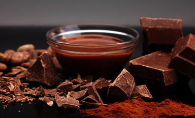 Melting chocolate / melted chocolate/ chocolate swirl/ stack/ chips and powder