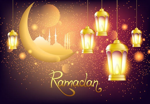 Beautiful lantern with bright lights and glitter. Vector illustration with moon and mosque to the Muslim holiday of Ramadan.