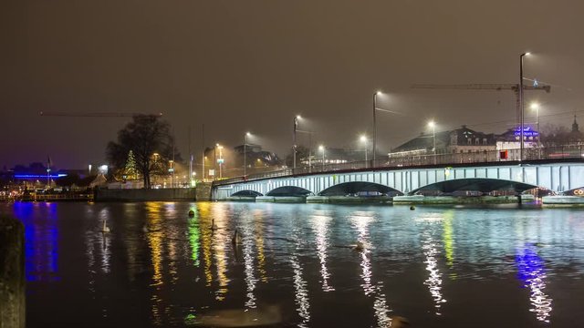 night illumination zurich famous traffic bridge panorama 4k time lapse switzerland
