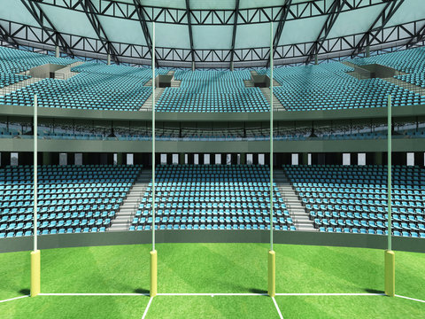 3D render of a round Australian rules football stadium with  sky blue seats and VIP boxes