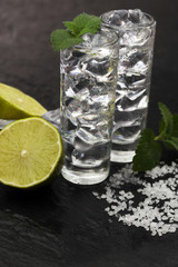 Lemon Fruit Lime Caipirinha of Brazil or vodka shot with mint