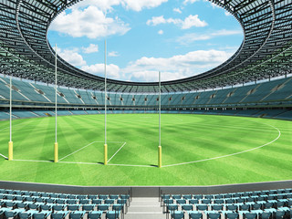 3D render of a round Australian rules football stadium with  sky blue seats and VIP boxes