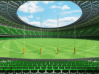 3D render of a round Australian rules football stadium with  green seats and VIP boxes