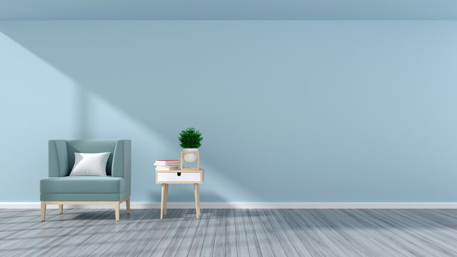 Living room wall decoration in the recliner, and a small desk, a green plant on the grey background clear. 3D rendering.