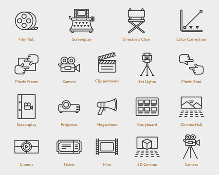 Movie Flat Line Icon Collection. Camera Film, Spotlight, Script, Screenplay, Storyboard, Ticket, Video, Projector, Director Chair, Clapperboard, 3D Cinema