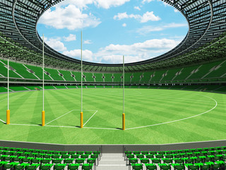 3D render of a round Australian rules football stadium with  green seats and VIP boxes