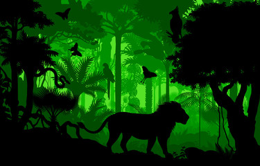 Vector evening tropical rainforest Jungle background with lion, harpy, python and butterflies