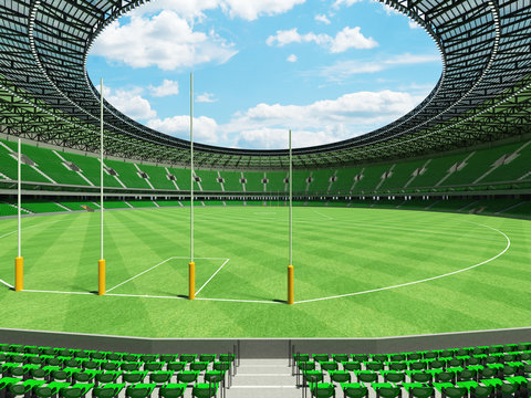 3D Render Of A Round Australian Rules Football Stadium With  Green Seats And VIP Boxes