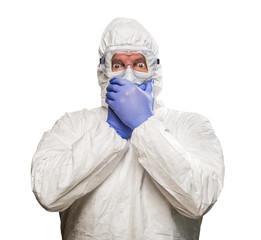 Fototapeta na wymiar Man Covering Mouth With Hands Wearing HAZMAT Protective Clothing Isolated On A White Background.