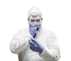 Fototapeta na wymiar Man Wearing HAZMAT Protective Clothing Holding Test Tube Filled With Blood Isolated On A White Background.