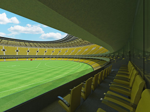 3D render of a round Australian rules football stadium with  yellow seats and VIP boxes
