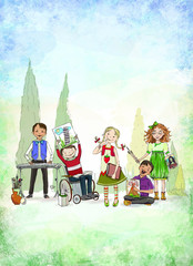 Group of children, including the boy in wheel chair, demonstrating different school activities: playing piano, reading, drawing. Educational concept.