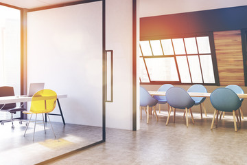 Attic conference room, blue, corner, toned