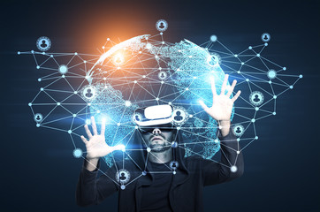 African man in vr glasses and network