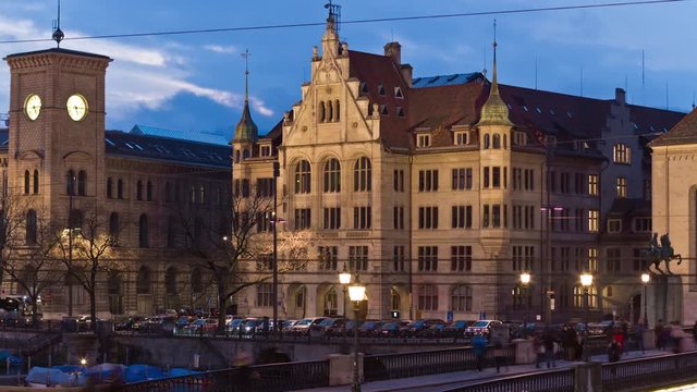 sunset twilight zurich city famous stadthaus walking bridge panorama 4k time lapse switzerland
