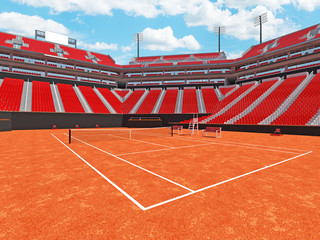 3D render of beutiful modern tennis clay court stadium with red chairs