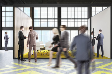 Conference room, yellow and gray floor, people