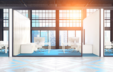 Open space office, blue and gray