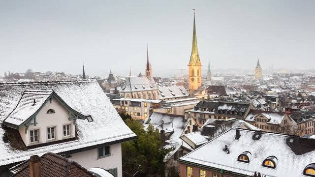 winter zurich university view point cityscape predigerkirche tower panorama 4k time lapse switzerland
