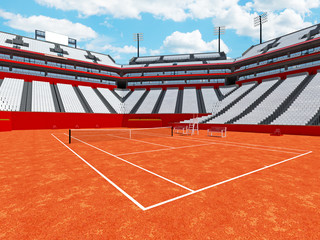 3D render of beutiful modern tennis clay court stadium with white chairs