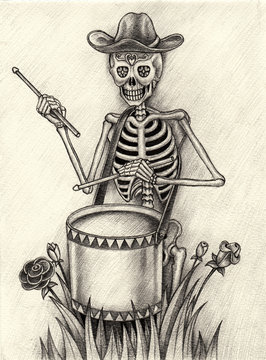 Art skull day of the dead.Hand pencil drawing on paper