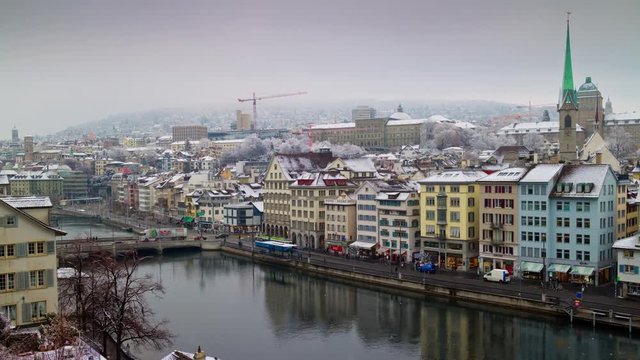 cloudy day zurich famous view point limmatquai tram traffic river panorama 4k time lapse switzerland
